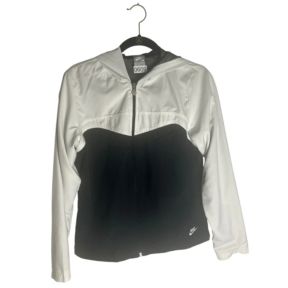 Nike Womens Hooded Windbreaker Jacket Black White Colorblock Full Zip Size M
